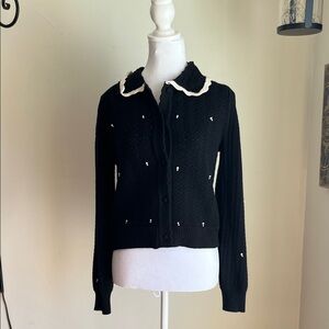 Lost + Wander Black Knit Cardigan with Cream Scalloped Collar